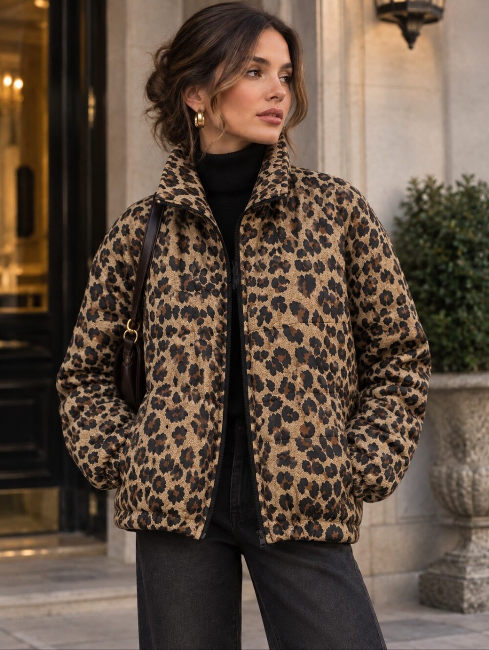 Vintage Silk Leopard Print Puffer Jacket Quilted Bomber 90s Y2K Mob Wife Women M